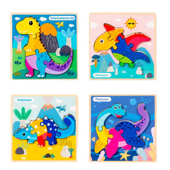 4pcs Wooden Dinosaur Puzzle Set with Matching Cards
