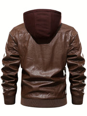 Men's PU Leather Hooded Jacket for Outdoor Cycling