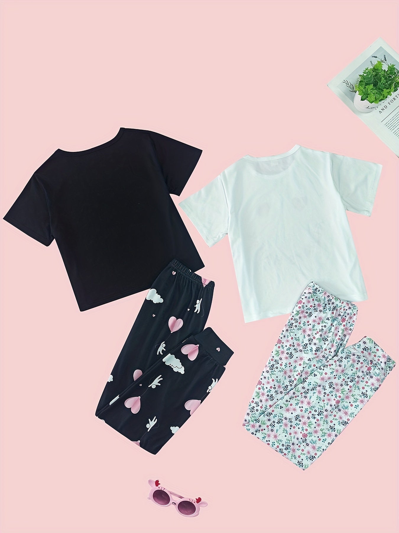 Girls 4pcs Pajama Set Graphic Tee Tops & Pants