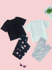 Girls 4pcs Pajama Set Graphic Tee Tops & Pants