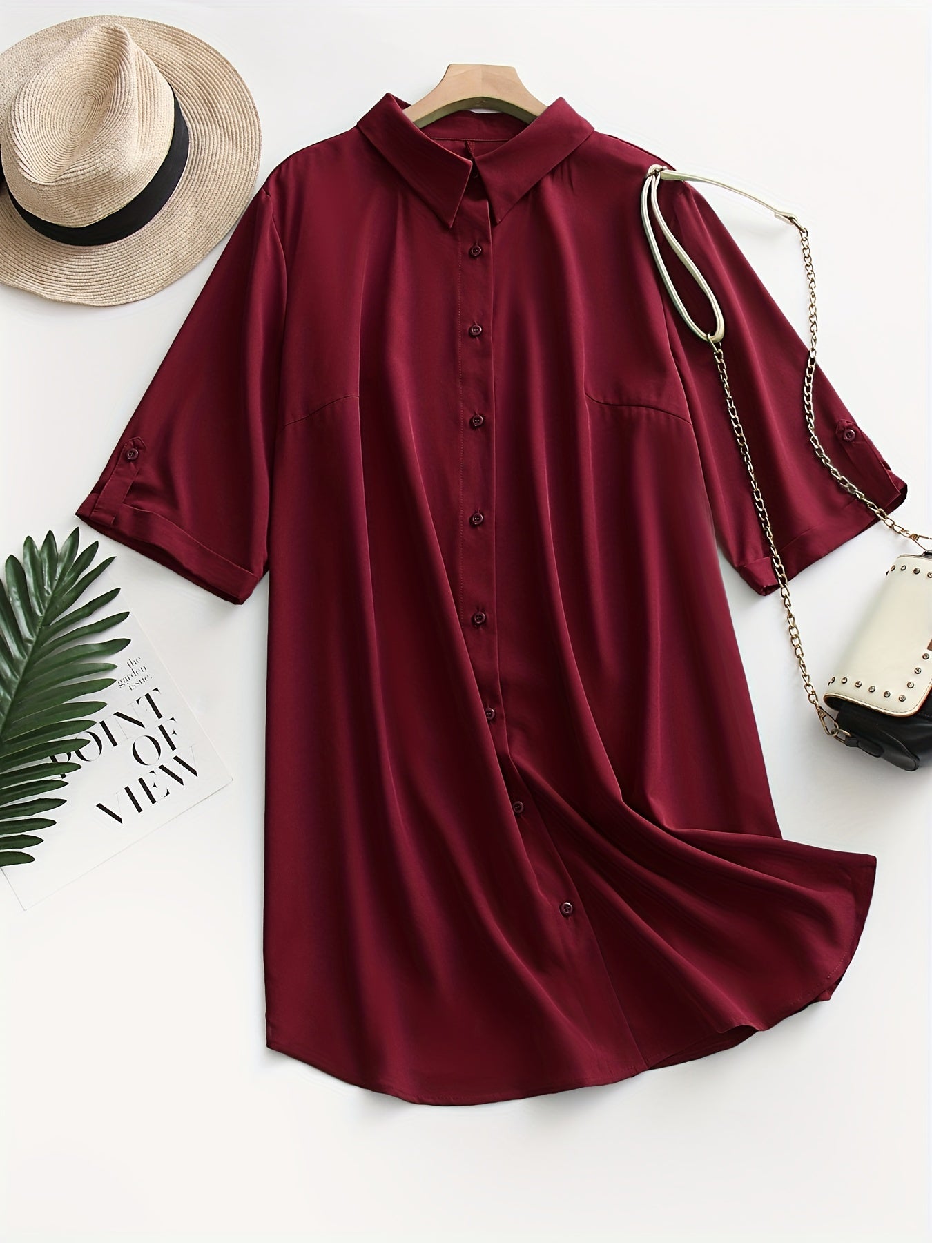  Solid Button Up Shirt Dress