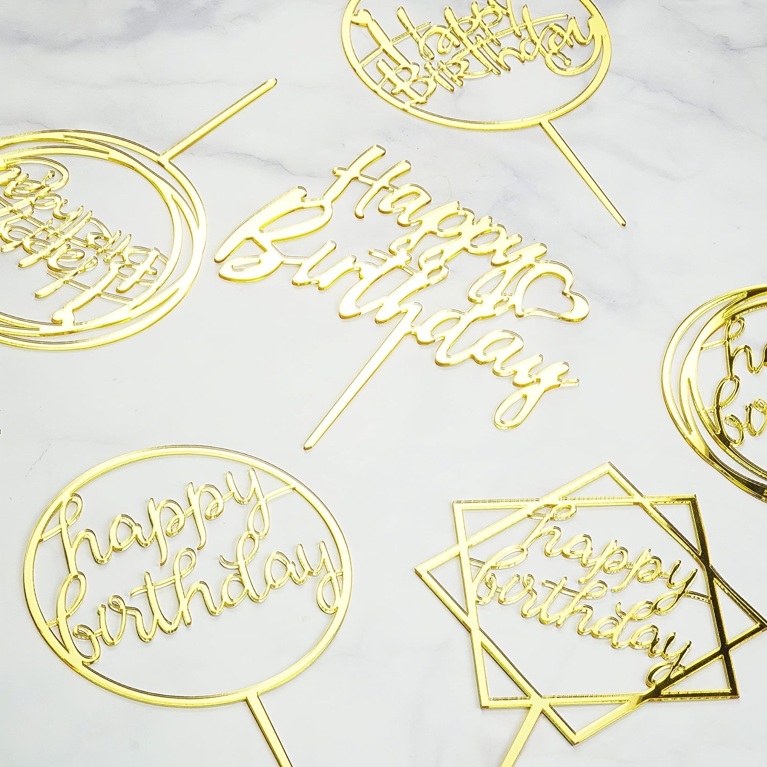 6pc Golden Happy Birthday Cake Toppers Acrylic Decorations
