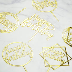 6pc Golden Happy Birthday Cake Toppers Acrylic Decorations