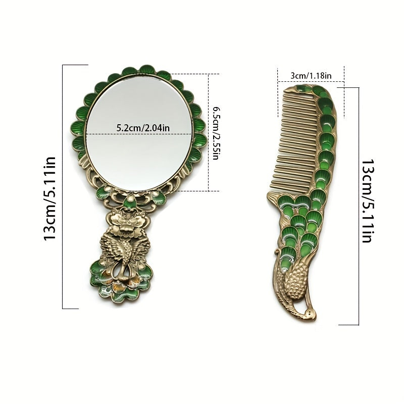 Vintage Peacock Vanity Makeup Mirror and Comb Set