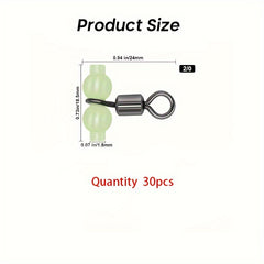 30pcs 3 Way Fishing Swivel T Connector with Luminous Beads Brass Barrel Swivel