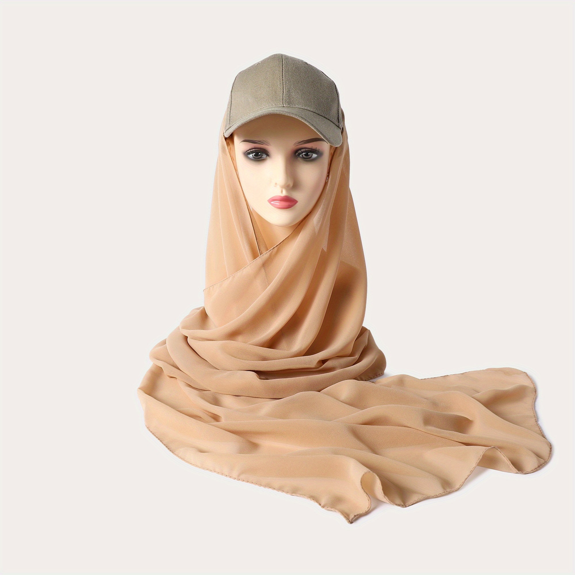 Hijab Baseball Cap With Chiffon Shawl Solid Sun Hats In One 2 piece Headscarf