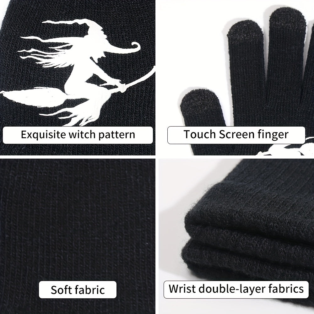 Halloween Witch Touch Screen Knitted Gloves, Windproof Warm Winter Gloves