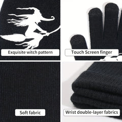 Halloween Witch Touch Screen Knitted Gloves, Windproof Warm Winter Gloves