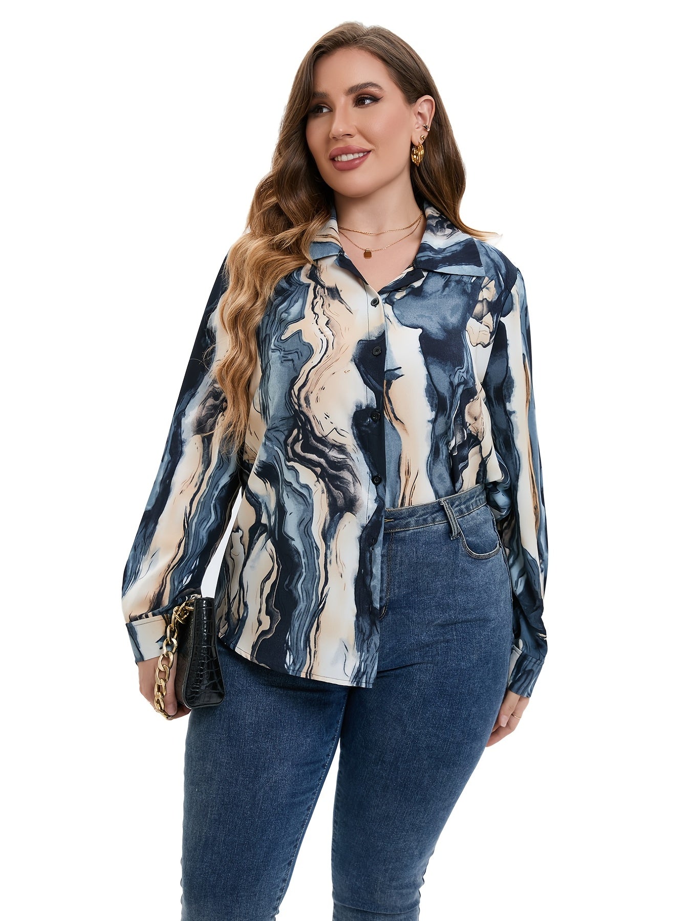 Marble Print Plus Size Shirt Women's Turn Down Collar Long Sleeve Blouse