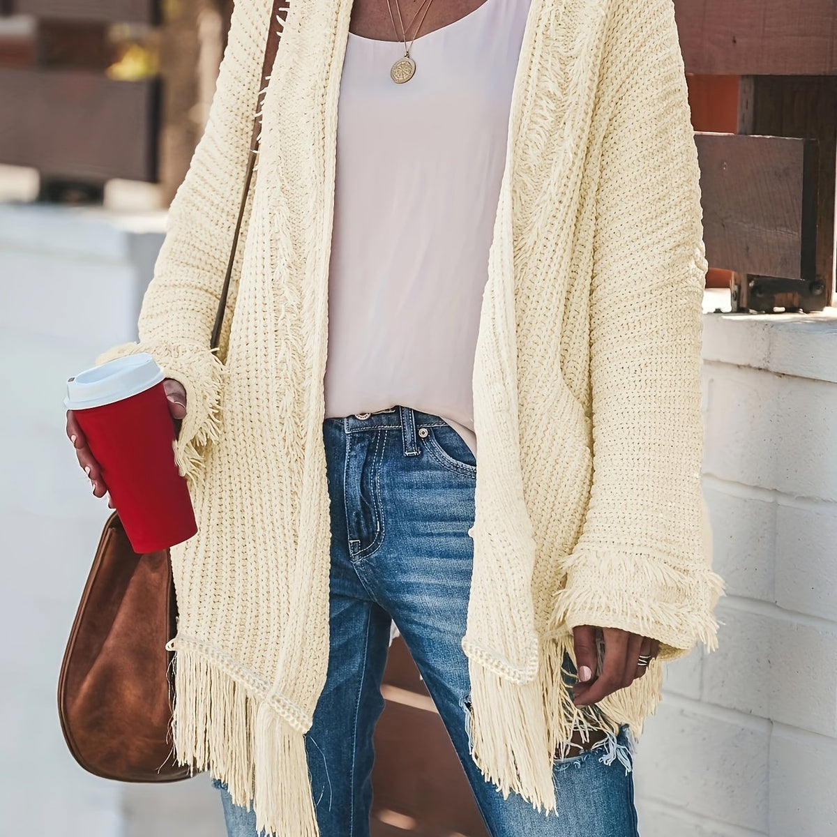  Solid Fringe Trim Cardigan Long Sleeve Open Front