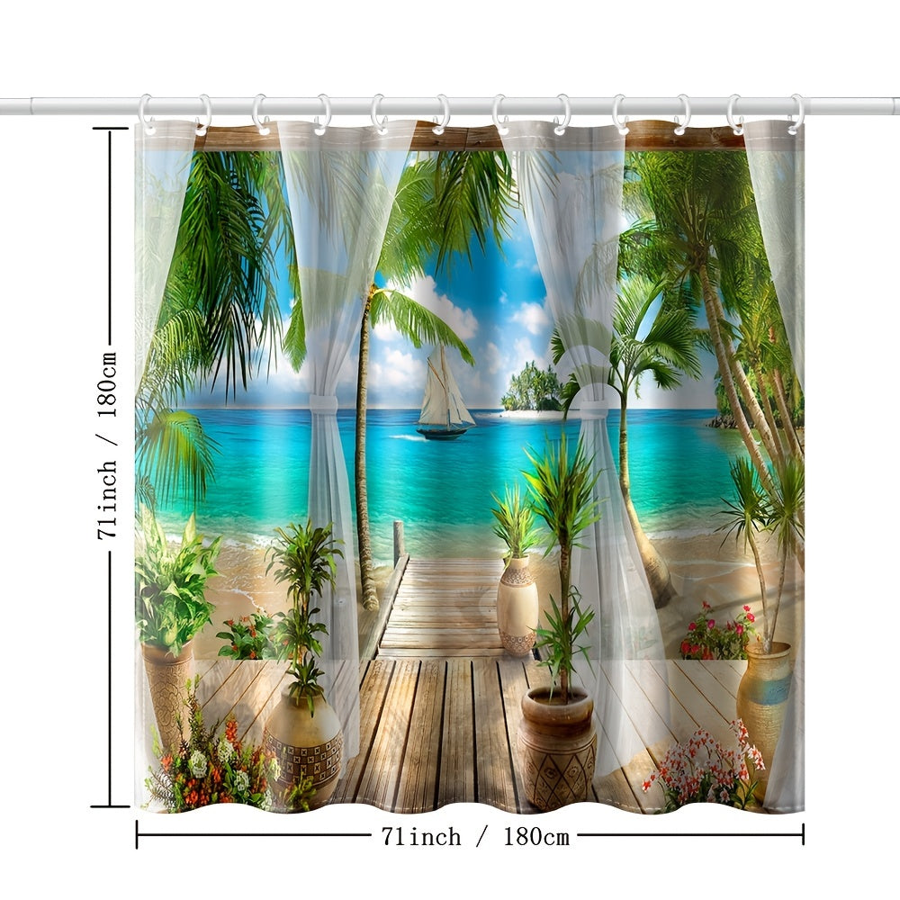 Seaside Landscape Shower Curtain with Coconut Tree Illustration