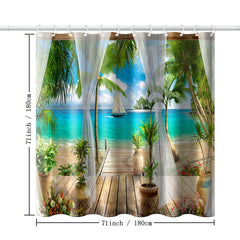 Seaside Landscape Shower Curtain with Coconut Tree Illustration