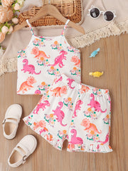 Girl's Dino Print Tank Top & Frilled Shorts Set