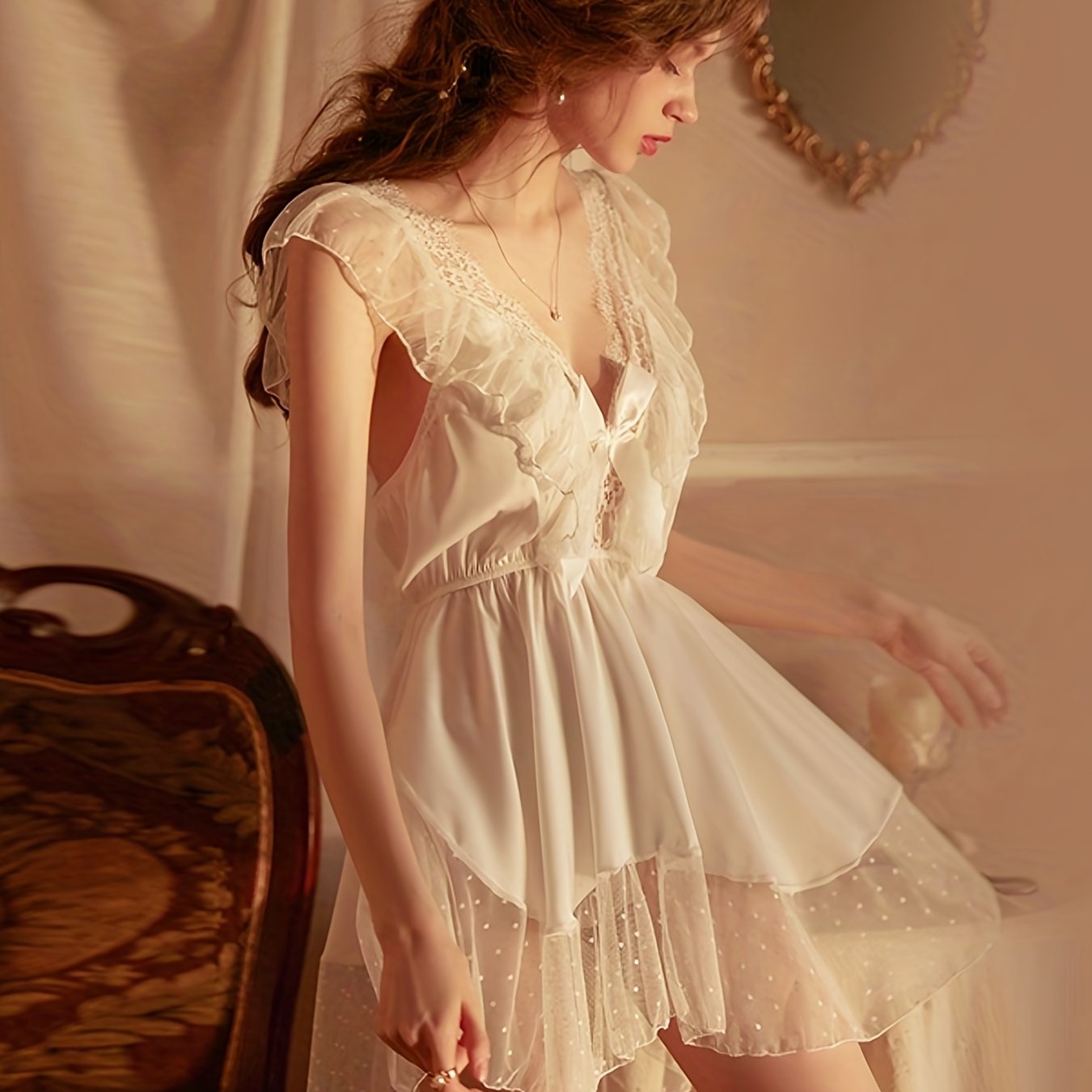 Polka Dot NightDress V Neck Backless Pajama Dress