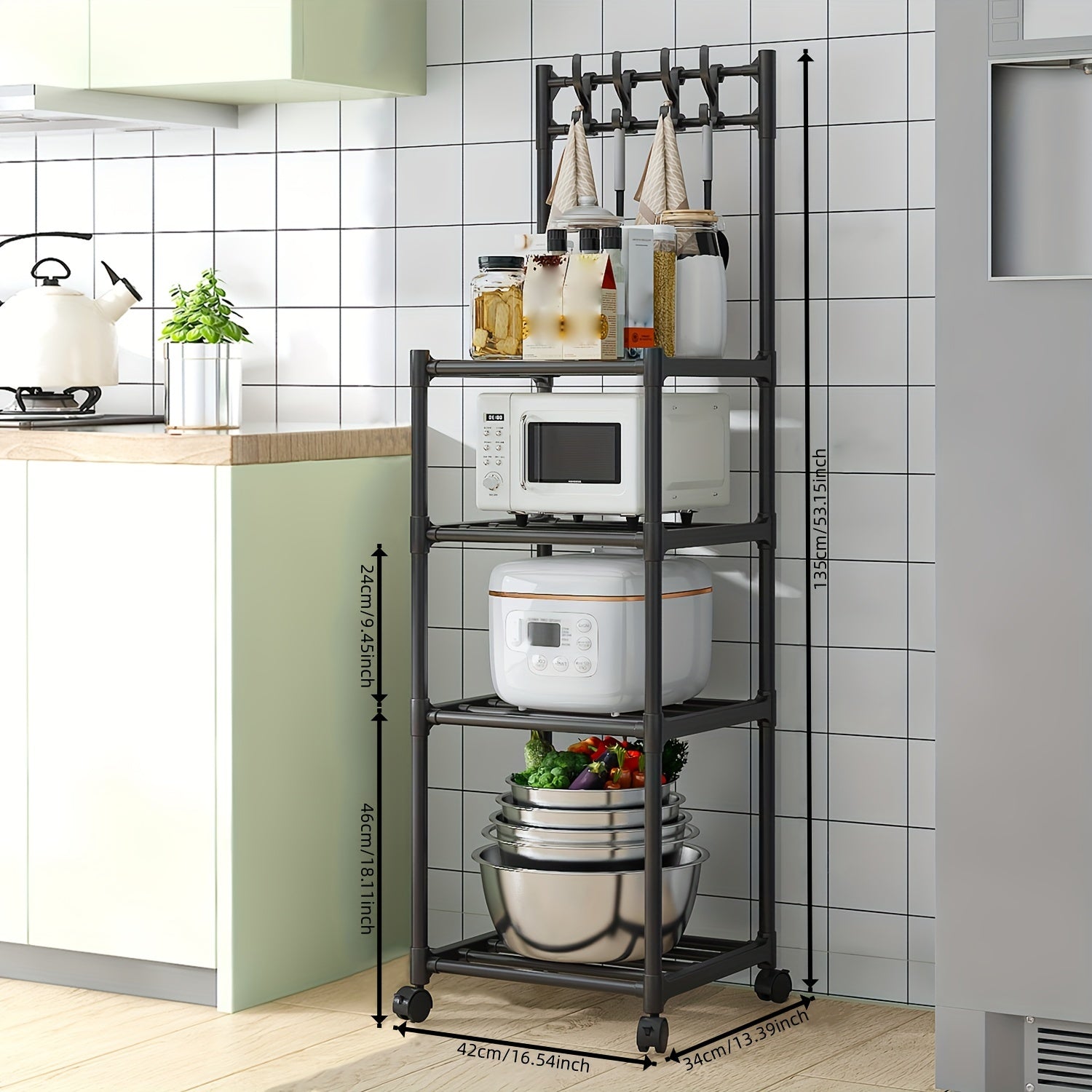 4 Layer Kitchen Storage Rack with Pulleys & Hooks Standing Rack