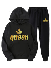  Letter & Crown Print Hoodie & Joggers Set