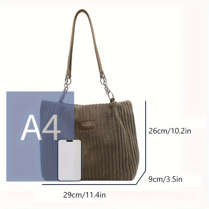 Stylish Corduroy Shoulder Bag for Women Zip Closure Fixed Strap