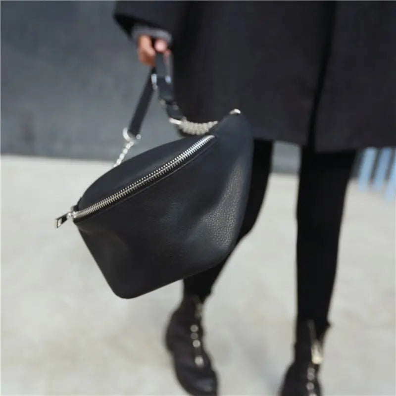 Leather Waist Fanny Pack Chest Bag Metal Chain for Women