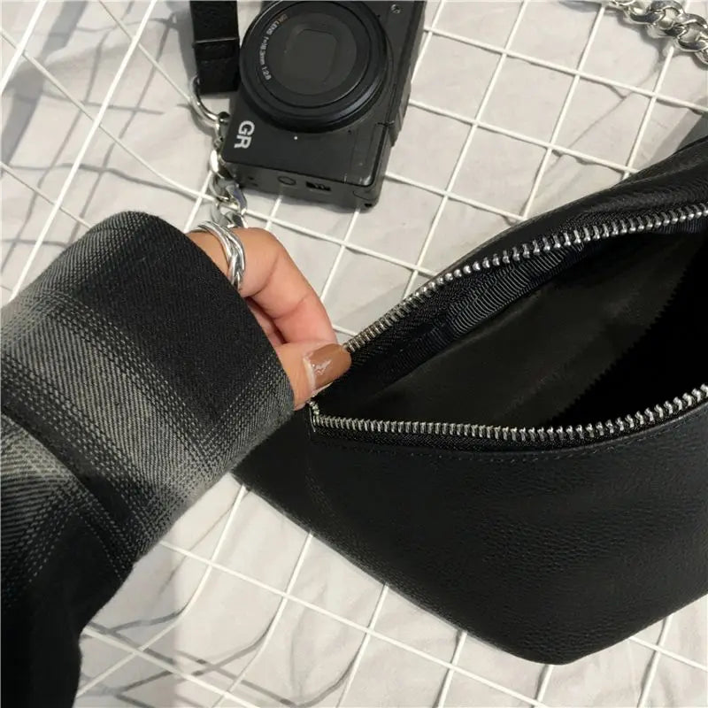 Leather Waist Fanny Pack Chest Bag Metal Chain for Women