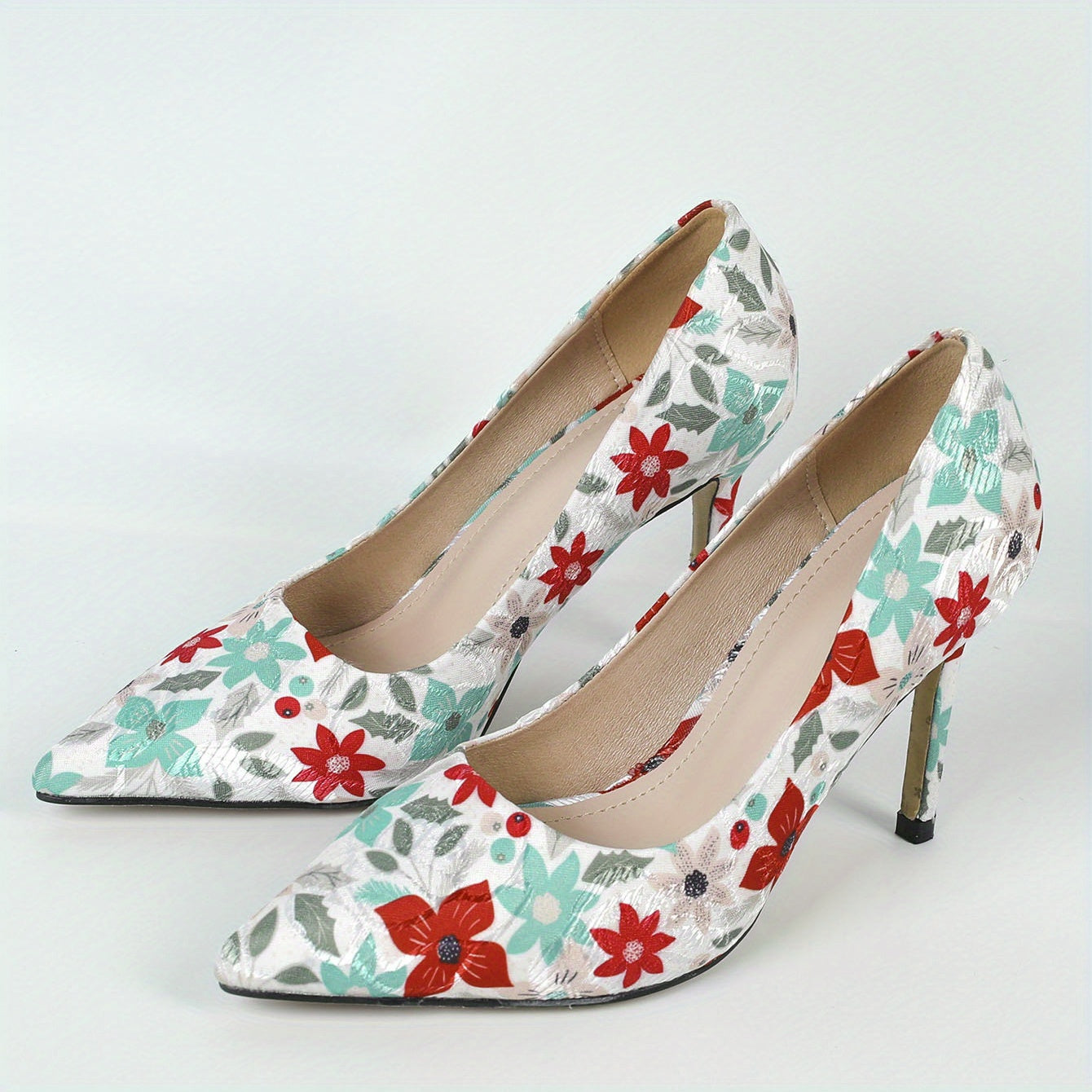 Floral Print Pumps Pointed Toe Slip On High Heels Dress Shoes