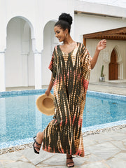  Tie Dye Striped Bat Sleeve V Neck Beach Cover Up