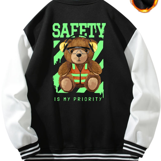 Men's Bear Print Casual Lightweight Fleece Baseball Jacket