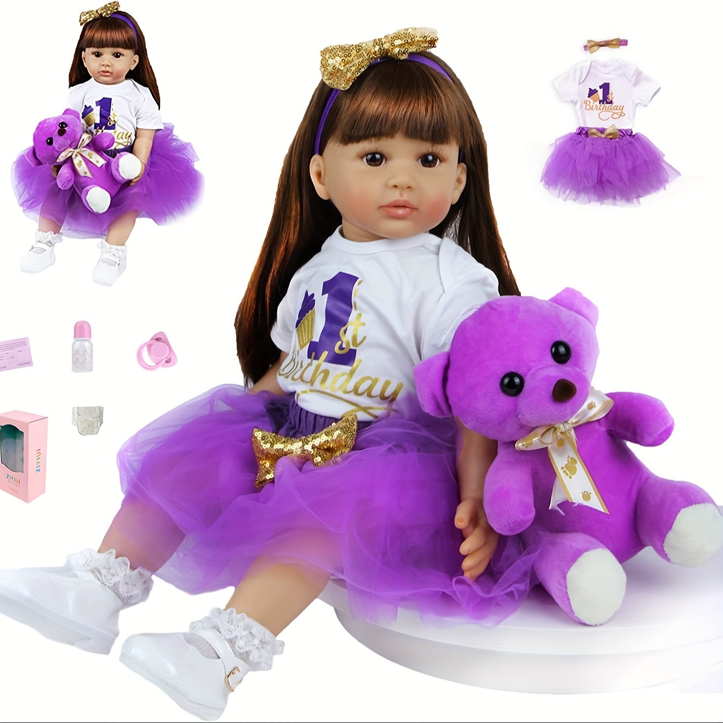 22" Realistic Silicone Vinyl Reborn Girl Doll in Purple Chiffon Dress