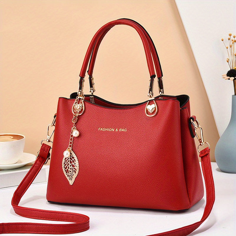 Classic Shoulder Handbag with Metal Leaf Pendant - Stylish and Spacious