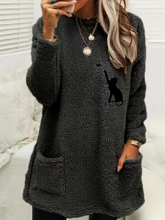 Cat Print Fuzzy Sweatshirt Crew Neck Long Sleeve With Pockets