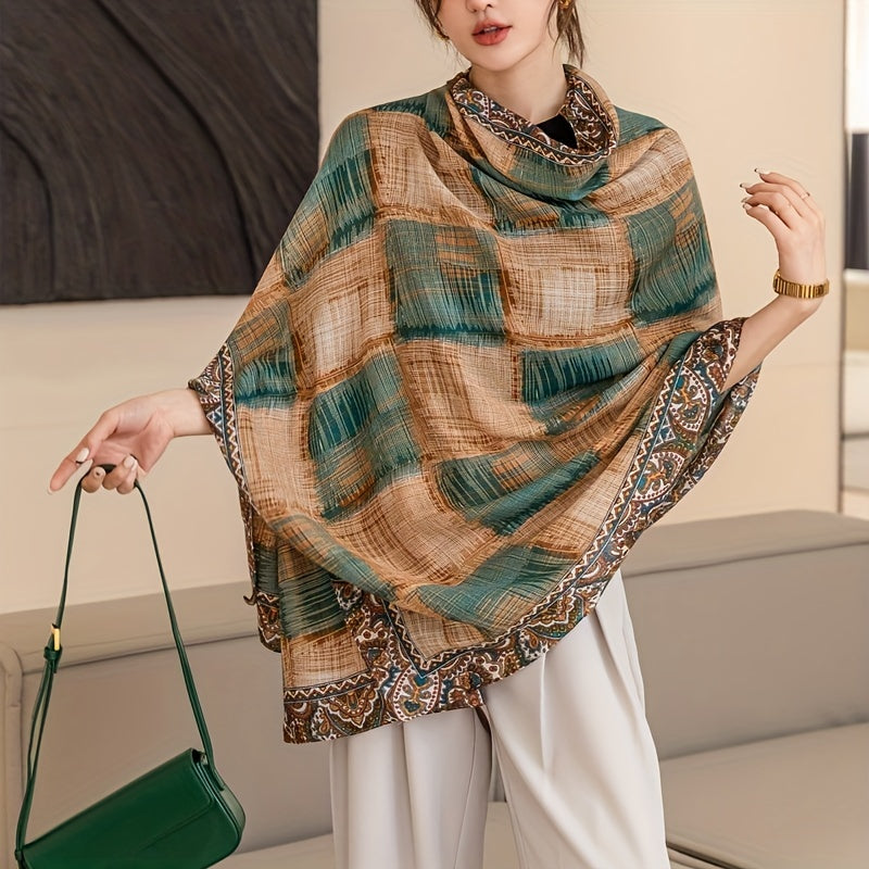 Vintage Plaid Print Scarf Large Shawl Boho Paisley Print Cape