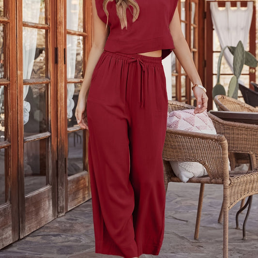 Solid Casual Two-Piece Set Crew Neck Vest & High Waist Pants Set