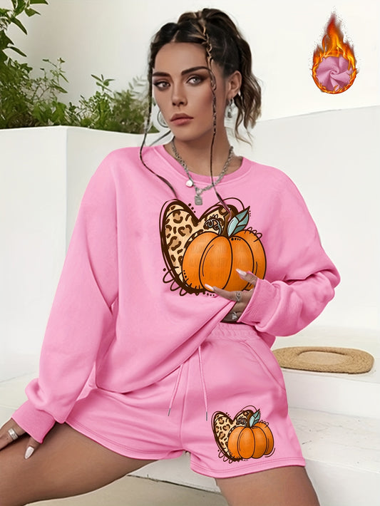  Pumpkin Graphic Print Sweatshirt & Shorts 2pcs Set