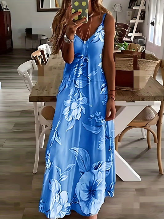  Floral Print Stretch V Neck Maxi Dress