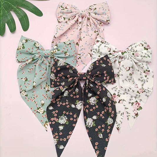 4pcs Floral Streamer Bow Hair Clip for Baby Girls