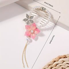 Flower Hair Claw Clip Chain Tassel Faux Pearl Rhinestone Hair Clip