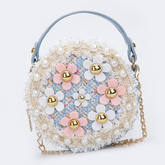 Girls Crossbody Bowknot Purse Pearl Flowers Handbags Shoulder Bag