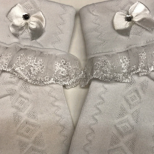 Girls Lace Brim Socks w/ Rhinestone Bow, Soft Elastic Princess Crew Socks