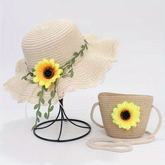 Girls Ruffled Straw Hat & Crossbody Bag Set with Sunflower Decoration