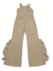  V-Neck Ruffle Trim Flared Leg Jumpsuit