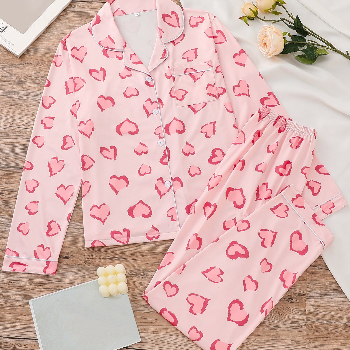 Heart Print Pajama Set Long Sleeve Buttons Top & Elastic Waistband Pants