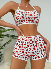 Ladybug Print Bra & Panties Lace Up Set Women's Lingerie