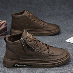 Men's Lace up PU Leather Boots Side Zip Casual Walking Shoes