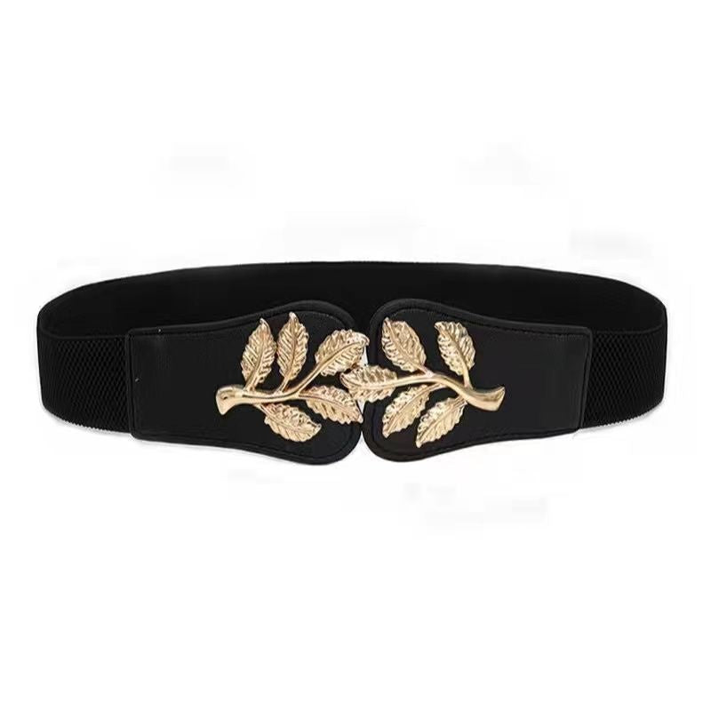 Golden Leaf Buckle Waist Belt Elastic Stretchy Large Buckle Accessory