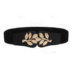 Golden Leaf Buckle Waist Belt Elastic Stretchy Large Buckle Accessory