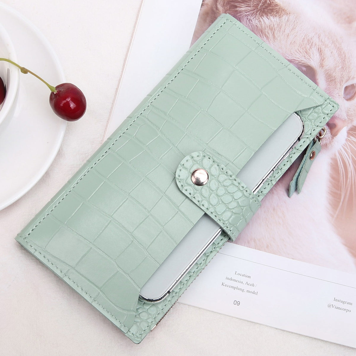 Bi Fold Long Wallet with Phone Pocket & Card Slots - Women's Faux Leather