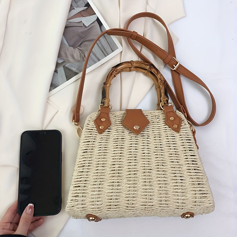 Straw Woven Crossbody Bag Bamboo Handle Satchel Purse