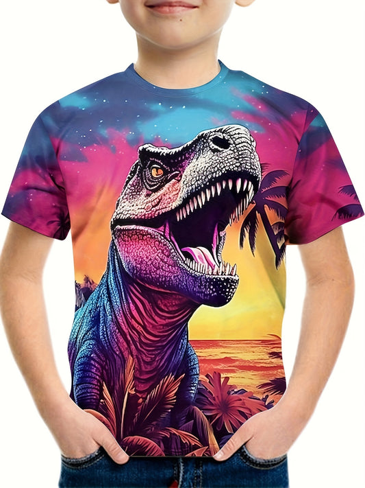 Boys Dino Print T shirt Kids Short Sleeve Top For Summer