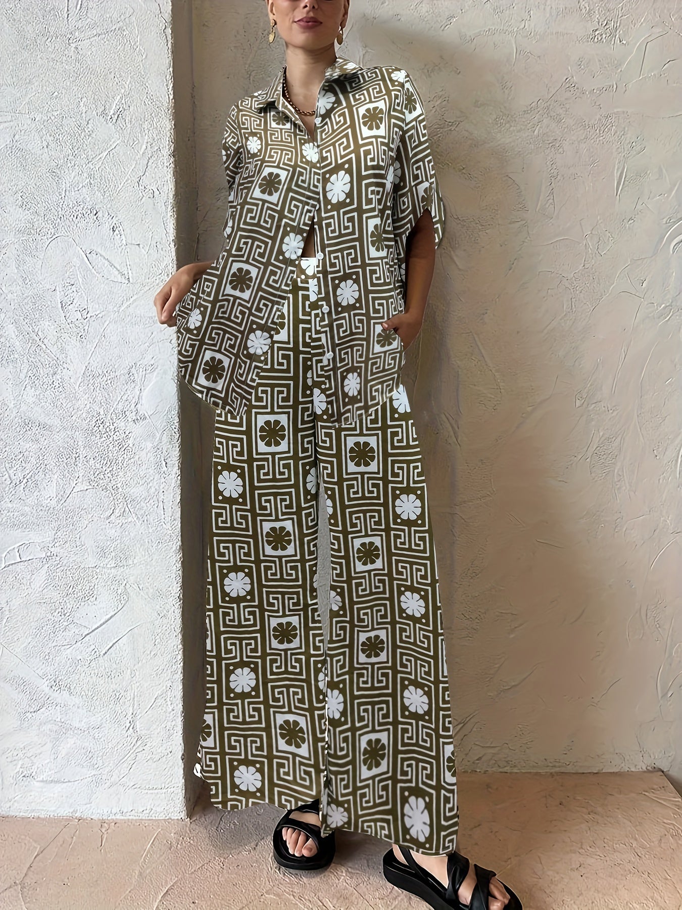  Greek Print Button Up Blouse & Wide Leg Pants Set