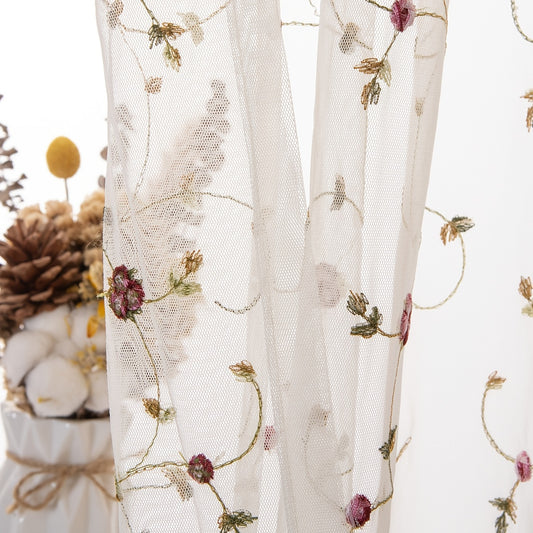 Pastoral Beige Embroidered Sheer Curtain