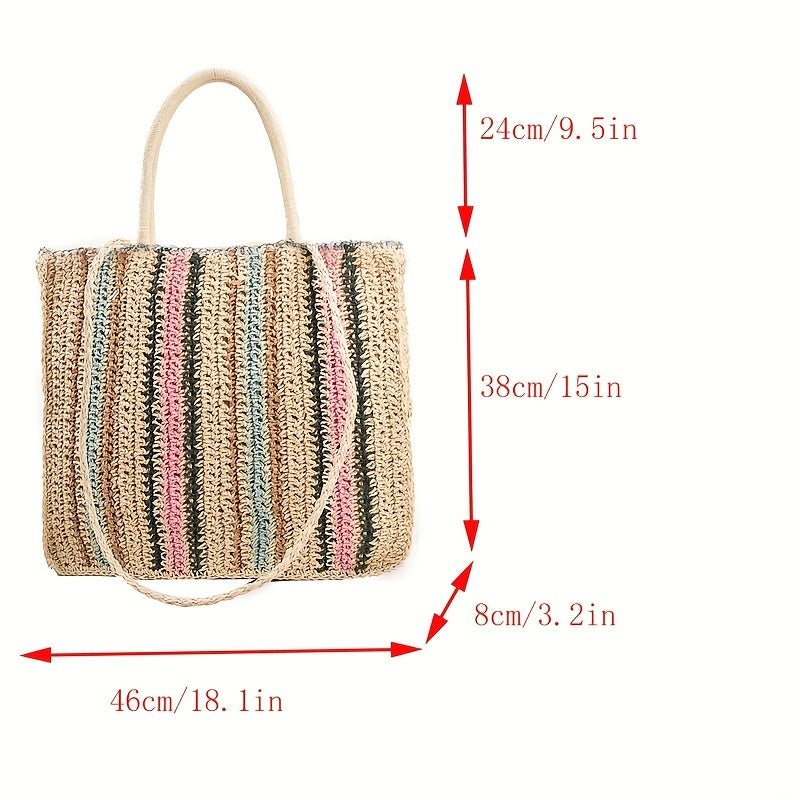 Rainbow Straw Beach Bag Colorblock Shoulder Bag For Travel Vacation